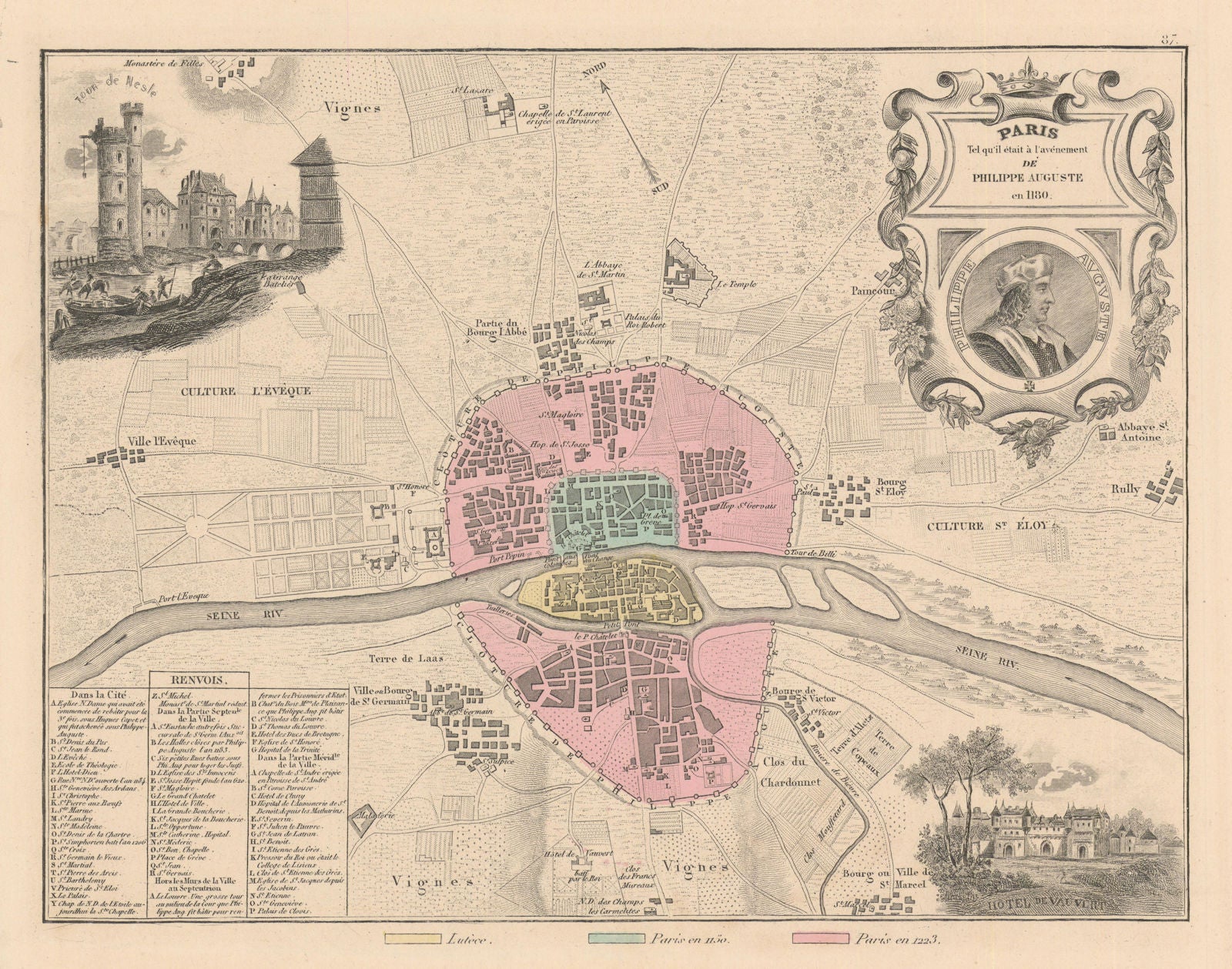 Paris on the accession of Philippe Auguste en 1180. Vuillemin 1890 old map